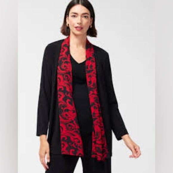 Chico’s Chiffon Trim Jacket Scroll Print Bracelet Sleeves Chicos Size 2 Large - Picture 1 of 9